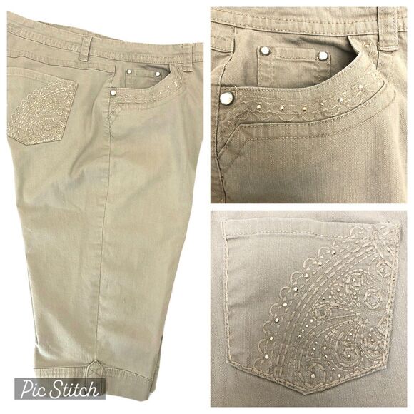 Hannah Jeans Ivory Womens 14 Missy Cropped Capri Cream Embroidered Bejeweled - Picture 8 of 11